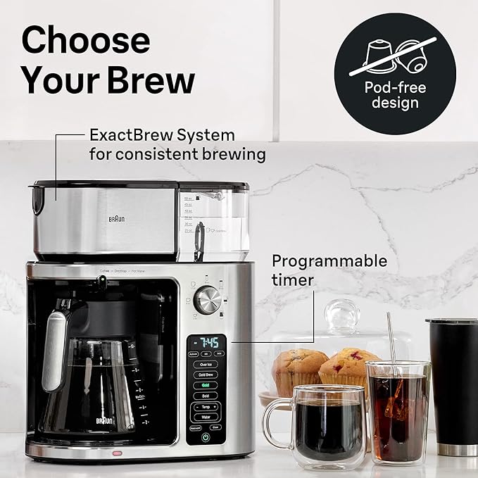 Braun MultiServe Plus 10-Cup Drip Coffee Maker - Hot & Cold Multi-Serve Brewer with Timer and Auto Start, Hot Water Dispenser, Over Ice Function, Stainless Steel & Pod-Free Design, KF9370SI