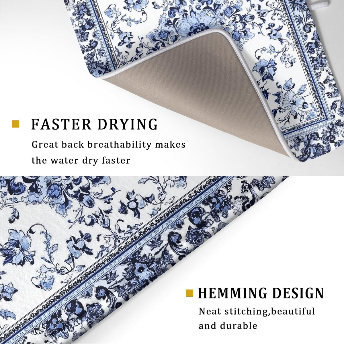 Boho Floral Dish Drying Mat 18x24 Inch Blue Leaves Kitchen Drying Pad Reversible Absorbent Dish Drainer Rack Mats Counter Tableware Decor