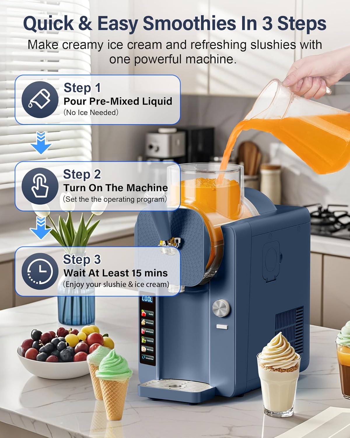 2-in-1 Slush and Ice Cream Maker - 6 Modes for Smoothies, Milkshakes, Cocktails, Margaritas, and Ice Cream, Double-Layer Tank, Ice Cream Cone Holder, Self-Cleaning - Perfect for Home Use
