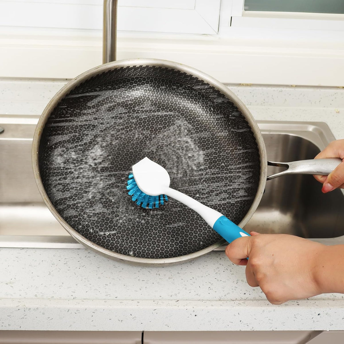 Dish Brush with Handle, 2 Pack Scrub Brushes with Built-in Scraper for Cleaning Kitchen, Pots, Pans and Sink, Scrubber Washing Tools, Blue