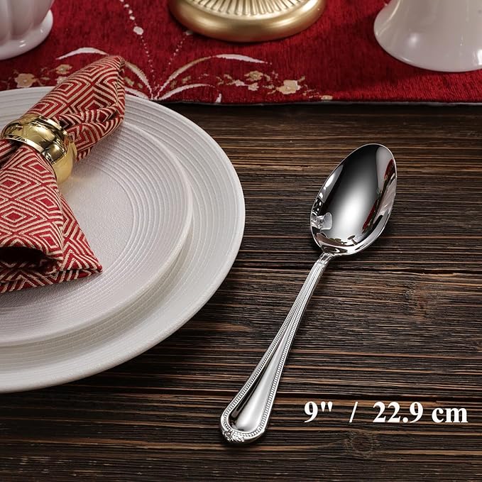 KEAWELL Pearl Edge 4-Piece Premium Spoon Set, 18/10 Stainless Steel, Fine Silverware Spoons with Refined Bead Design, Brightly Polished, Dishwasher Safe (Silver, 9" Serving Spoons)
