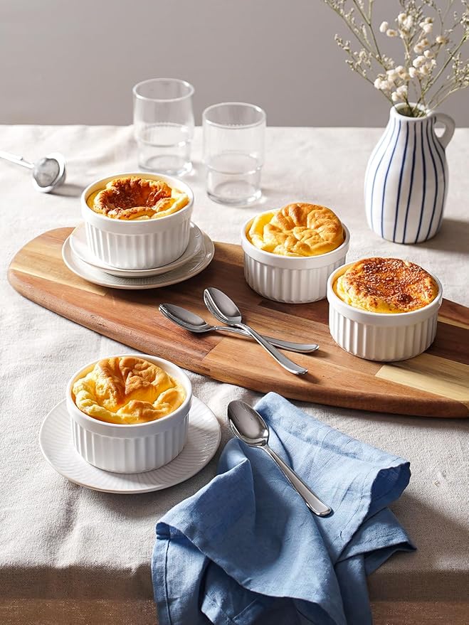 LE TAUCI Ramekins 6 OZ, Ceramic Souffle Dishes, Oven Safe Custard Cups for Baking, Creme Brulee, Pudding, Dessert, Microwave & Dishwasher Safe, Set of 6, White