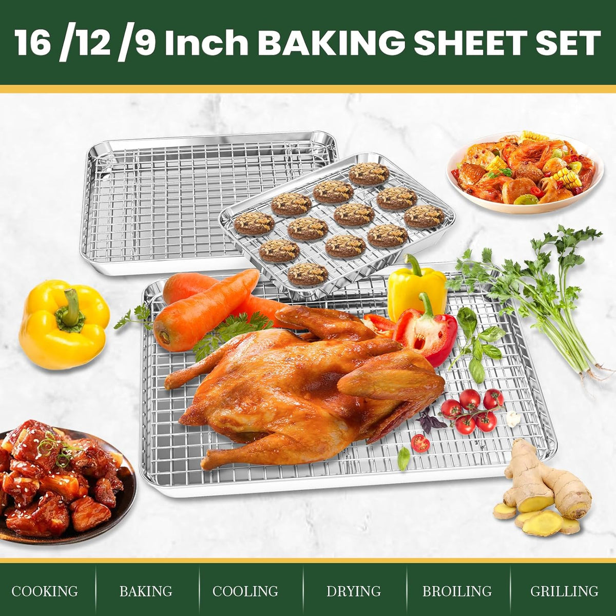 Stainless Steel Cookie Sheets, Baking Sheet Pan Set of 3 with Wire Cooling Rack, Non Stick and Heavy Duty and Easy Clean, 9/12/16 Inch
