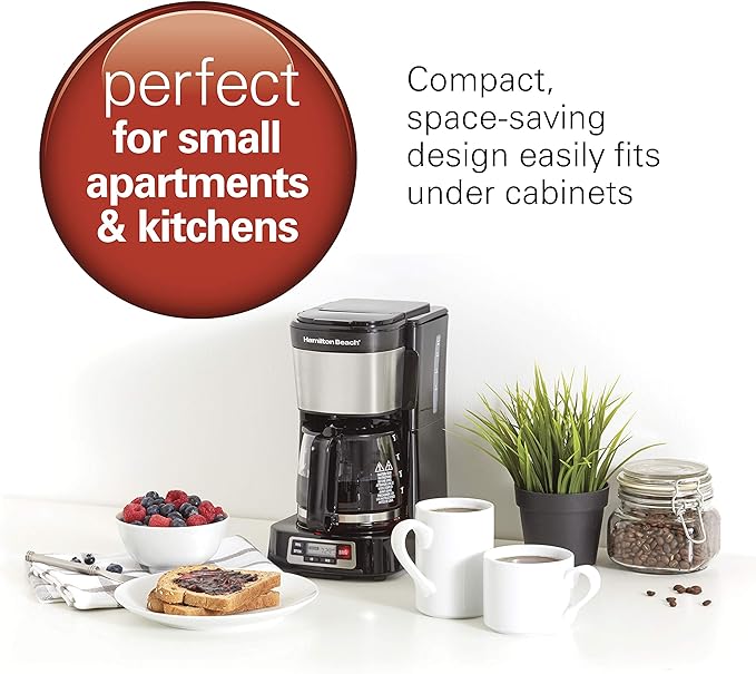 Hamilton Beach 5 Cup Drip Coffee Maker with Easy FrontFill Basket, Compact Design, Programmable Clock, Glass Carafe, Auto Pause and Pour, Black & Stainless Steel (46111)