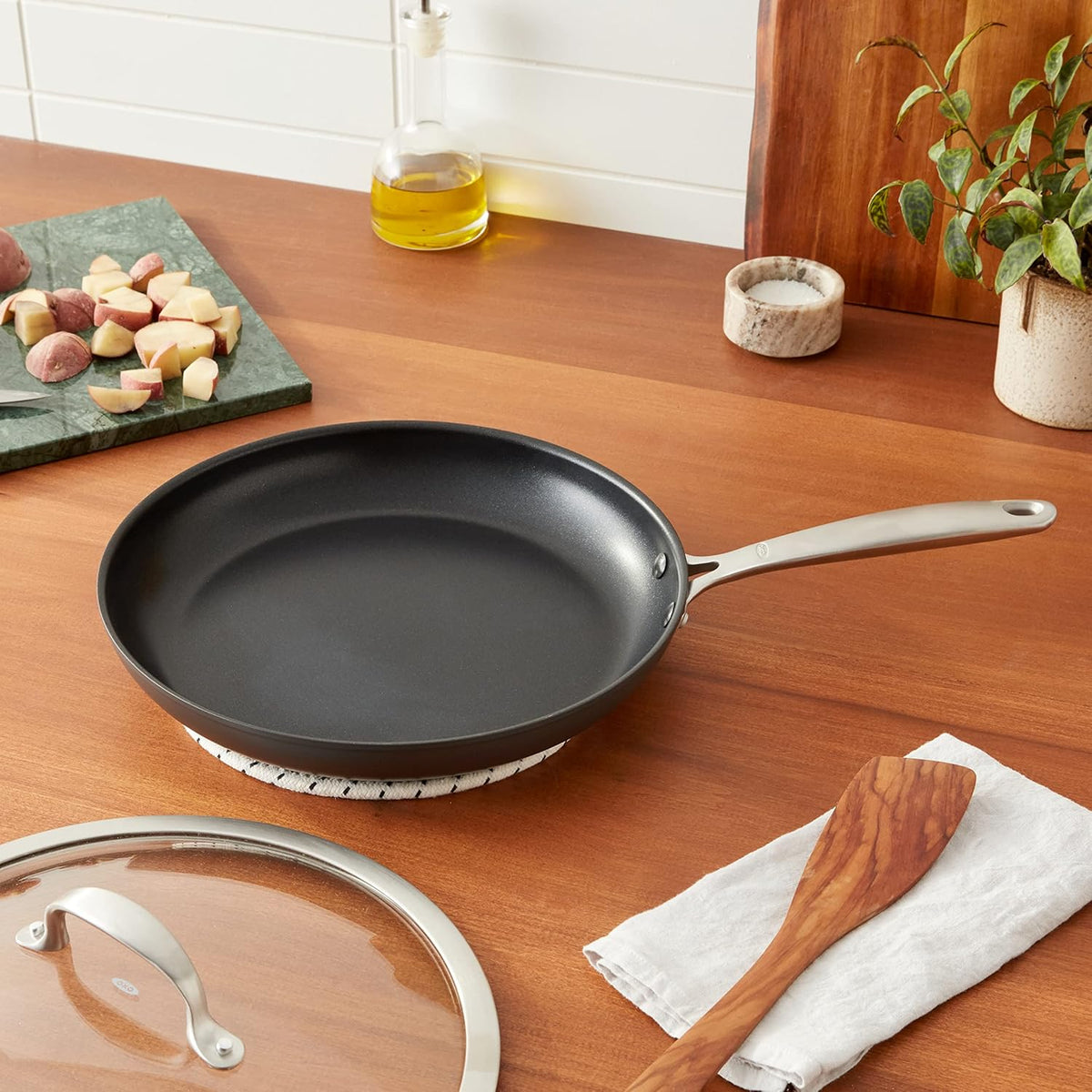 OXO Enhanced, 12" Frying Pan Skillet with Lid, Healthy Ceramic Nonstick, PFAS-Free, Stainless Steel Handle, Dishwasher Safe, Oven Safe, Black