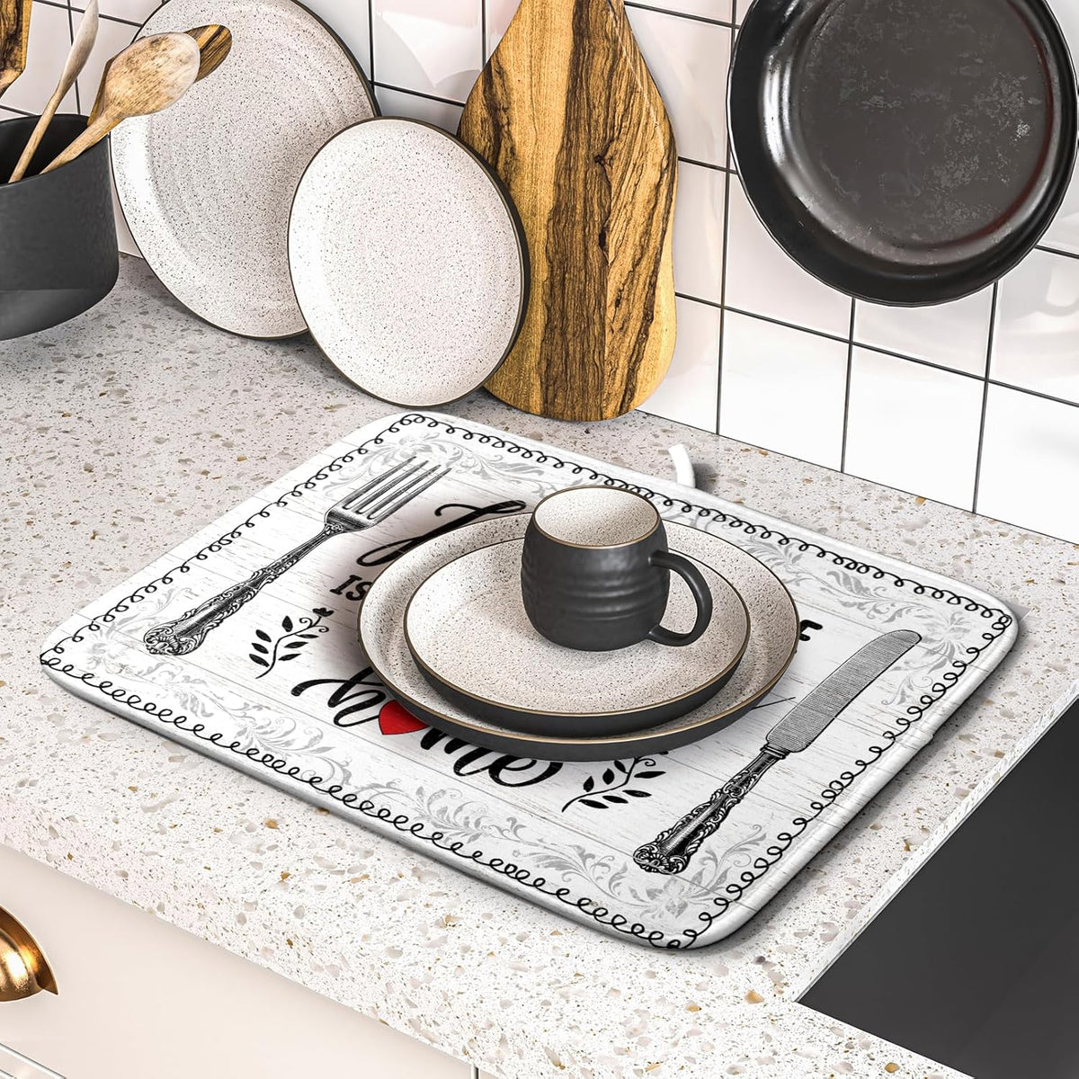 White Kitchen Dish Drying Mat 16x18 Inch Knife Fork Dish Drainer Rack Mats Microfiber Absorbent Protector for Kitchen Countertop Decor