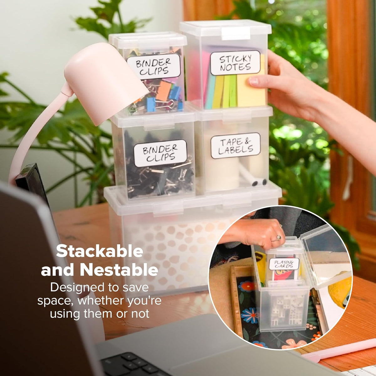 Bostitch Konnect Storage Containers with Lids, Organizer, Clear Plastic Box, Stackable Nesting Bins, Medium, 2 Pack