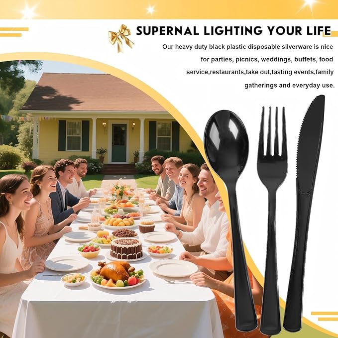 Supernal 300 Pieces Black Plastic Silverware Disposable Cutlery Black Disposable Silverware Heavy Duty Plastic Cutlery Set 100 Forks 100 Knives 100 Spoons for Wedding Party Supplies Everyday Use