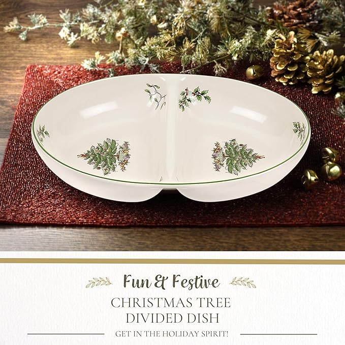 Spode Christmas Tree Divided Dish - 11.5" Festive Serving Tray for Holiday Parties, Seasonal Events - Fine Earthenware, Decorative Christmas Dinnerware, Microwave & Dishwasher Safe