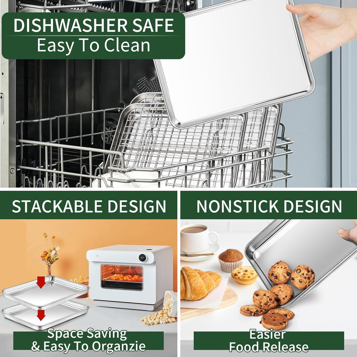 Baking Sheet with Wire Rack Set [2 Quarter Sheet Pans + 2 Wire Racks ], CEKEE Stainless Steel Cookie Sheets for Baking with Baking Rack, Non Toxic & Heavy Duty & Easy Clean, Size 12 x 10 x 1 Inch