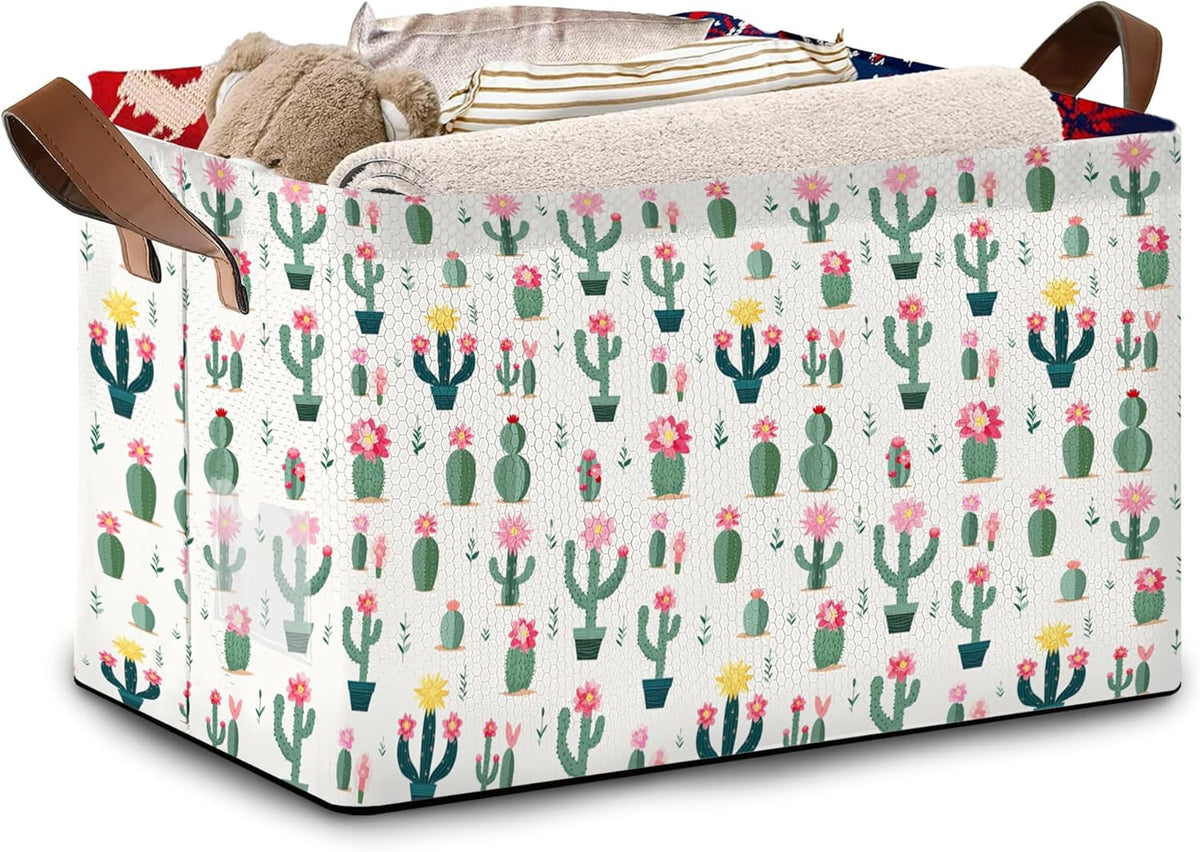 Desert Bloom Storage Basket Large 17x11.5x10.5 Inche-Collapsible Fabric Organizer Bin with Handles for Southwest Decor, Nursery, Boho Style-Decorative Hamper with Succulent & Flower-Single Pack