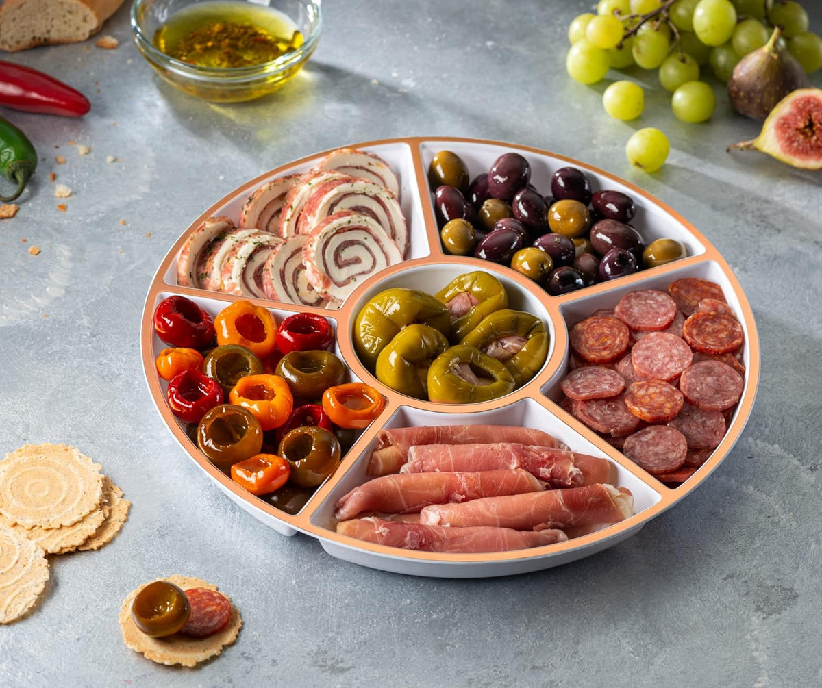 Plasticpro 6 Sectional Round Plastic Serving Tray/Platter (2, White & Rose Gold)