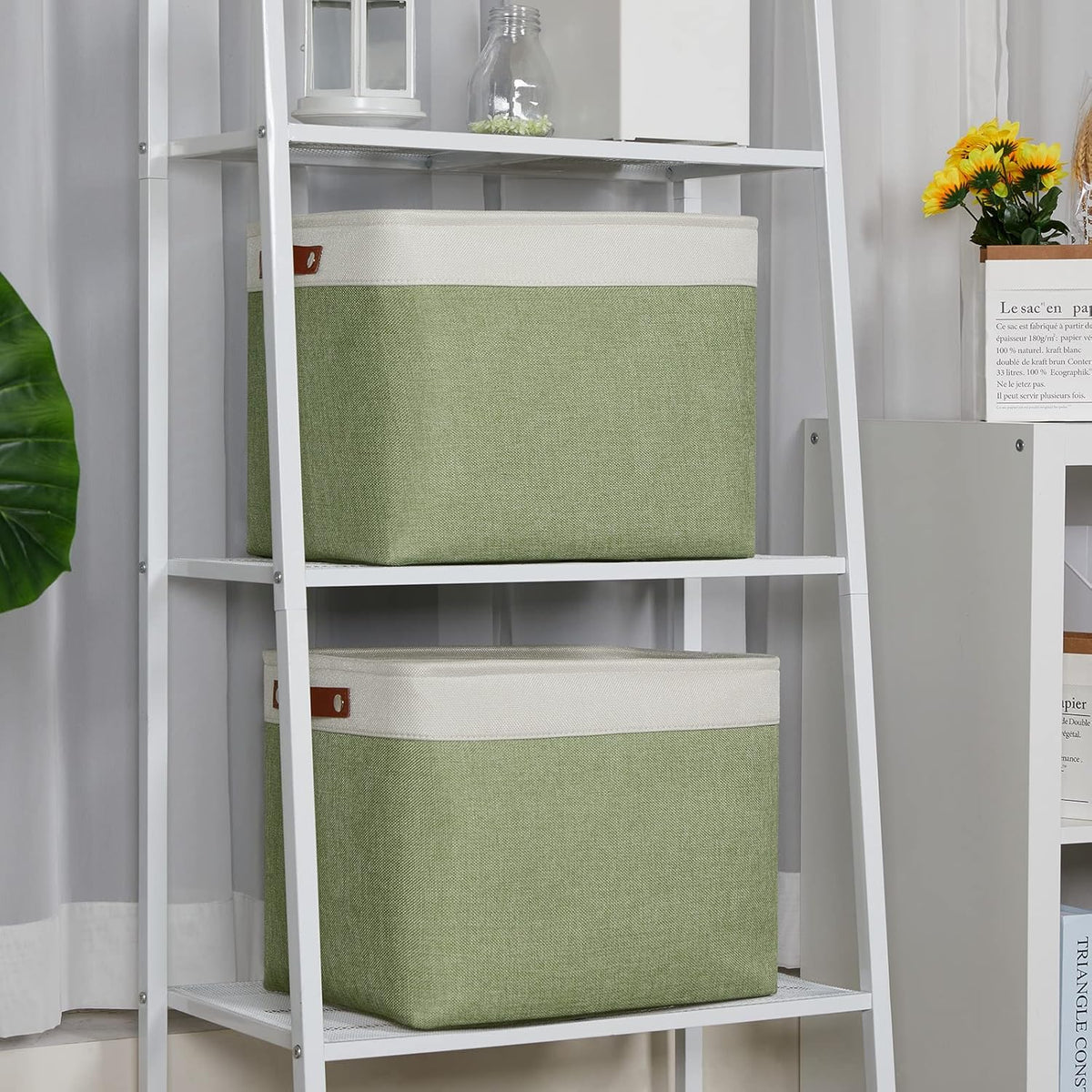DULLEMELO 2-Pack Large Storage Baskets for Organizing 16"x12"x12" Canvas Fabric Storage Basket Bins With Leather Handles for Shelf Clothes Empty Gift Basket (White&Green)