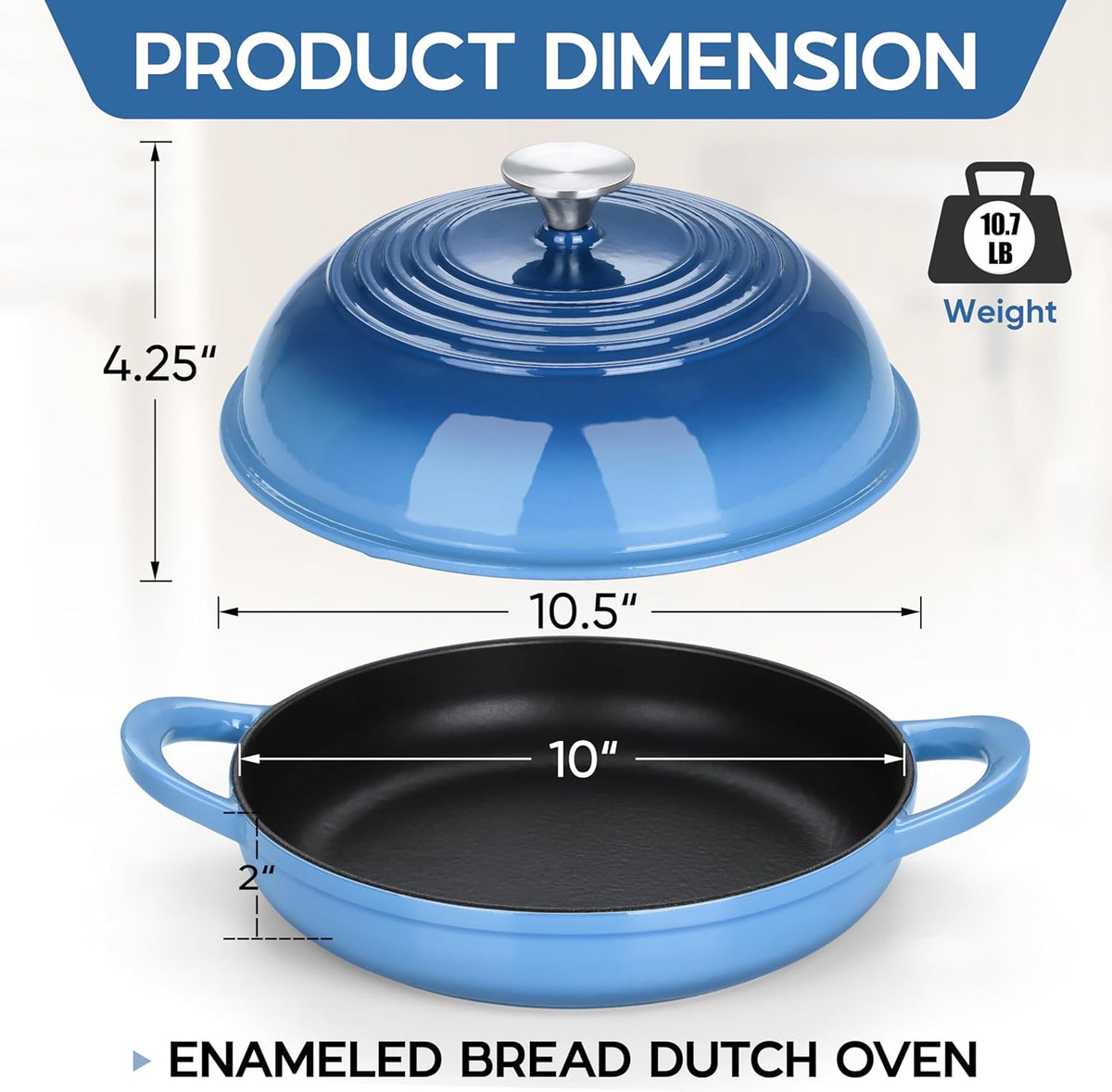 E-far Dutch Oven for Sourdough Bread Baking, 6 Qt Round Enameled Cast Iron Dutch Oven for Homemade Artisan Bread, Dome Lid & Shallow Base, Matte Black Interior & Durable, Oven-Safe to 500℉, Blue
