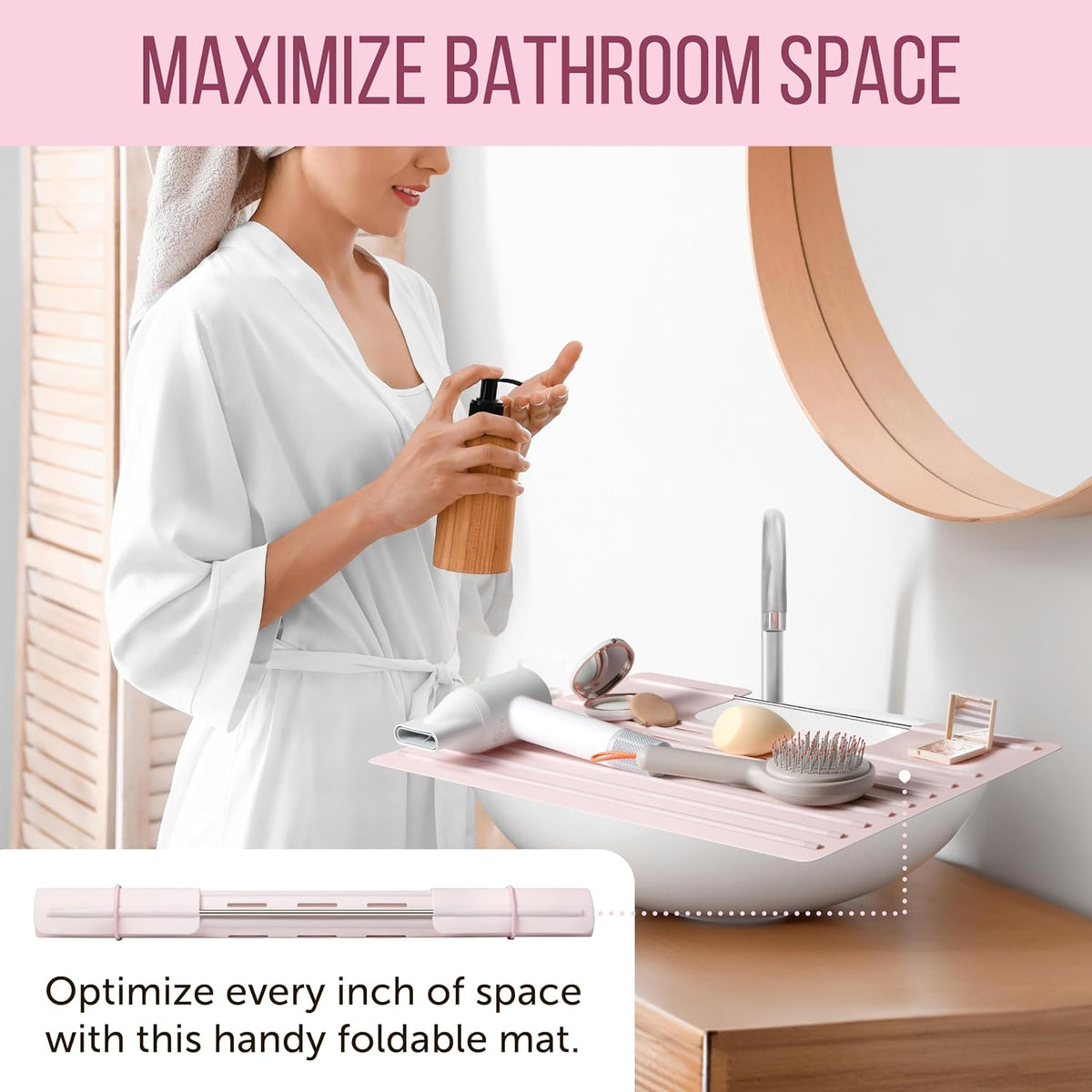 Maplefield Foldable Silicone Bathroom Sink Cover - Extra Counter Space Vanity Mat - Heat-Resistant Bathroom Sink Topper - Large, Rose Pink, 22 x 2 x 2 in