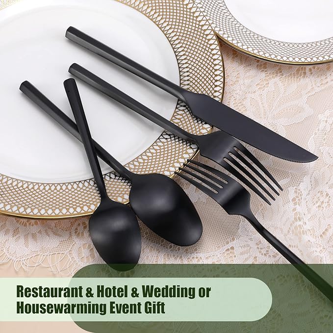 DEACORY Silverware Set Flatware Set Matte Black Cutlery Set Brushed Finished Hexagon Handle Heavy Stainless Steel 20 Pieces Dishwasher Safe Service for 4