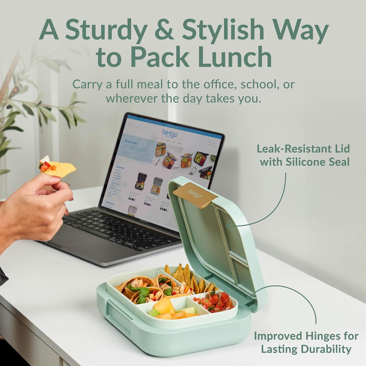 Bentgo Modern - Adult & Teen Bento Lunch Box; 3-4 Compartments, Leak-Resistant, 5.5 Cup Capacity/44 fl oz, Improved Locking Clips, Reusable, BPA-Free, Dishwasher/Microwave Safe Tray (Mint Green)