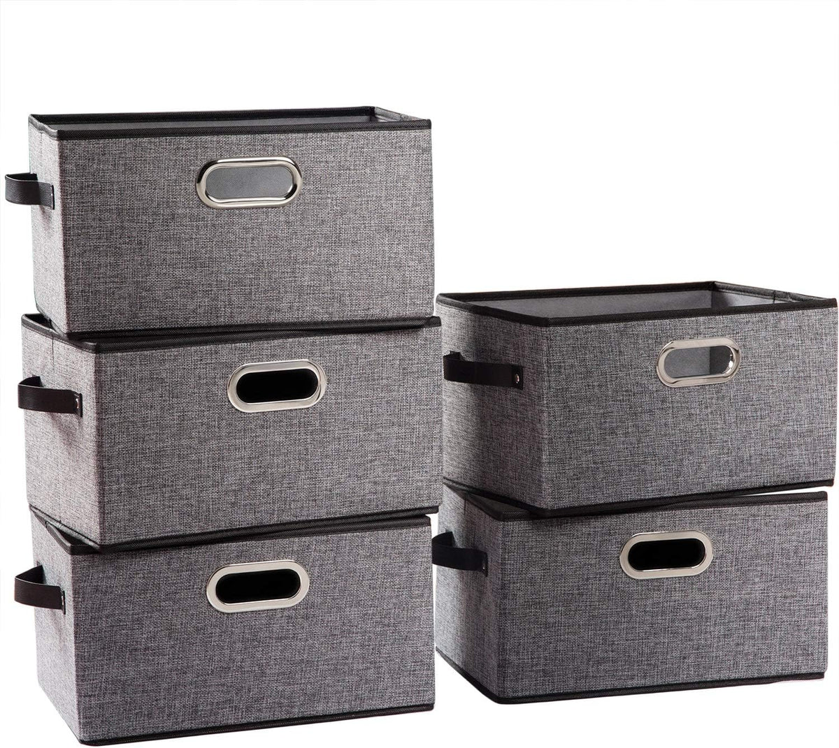 PRANDOM Larger Collapsible Storage Bins for Closet [5-Pack] Decorative Linen Fabric Storage Baskets Cubes with Leather/Metal Handles for Living Room Grey (17.3x12.2x10.4 Inch)