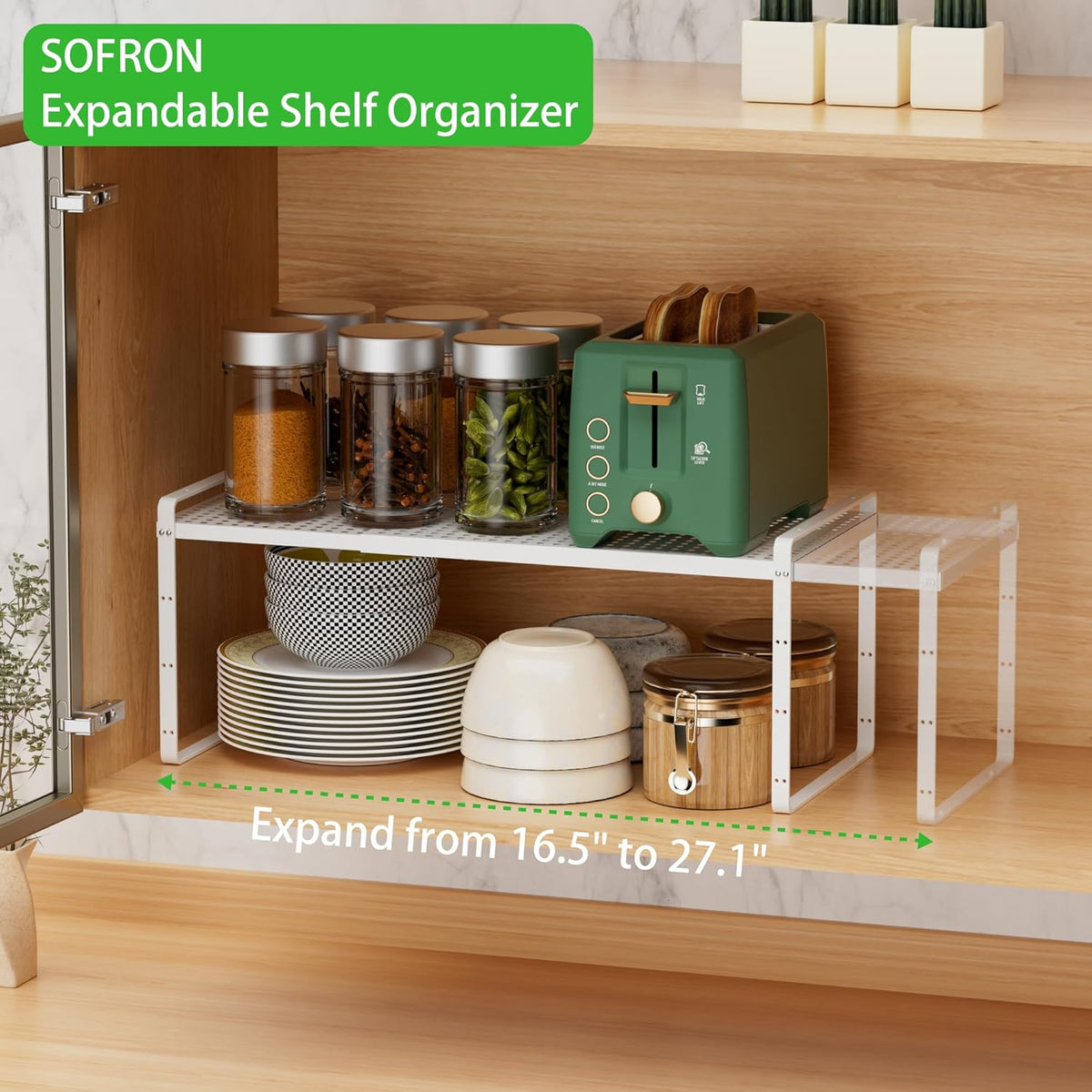 Expandable Cabinet Storage Shelf Stackable Organizer Rack for Kitchen Bathroom Pantry Spice Cupboard Coffee Countertop Home Office Desk Heavy Duty Nonslip White Small 1 Pack