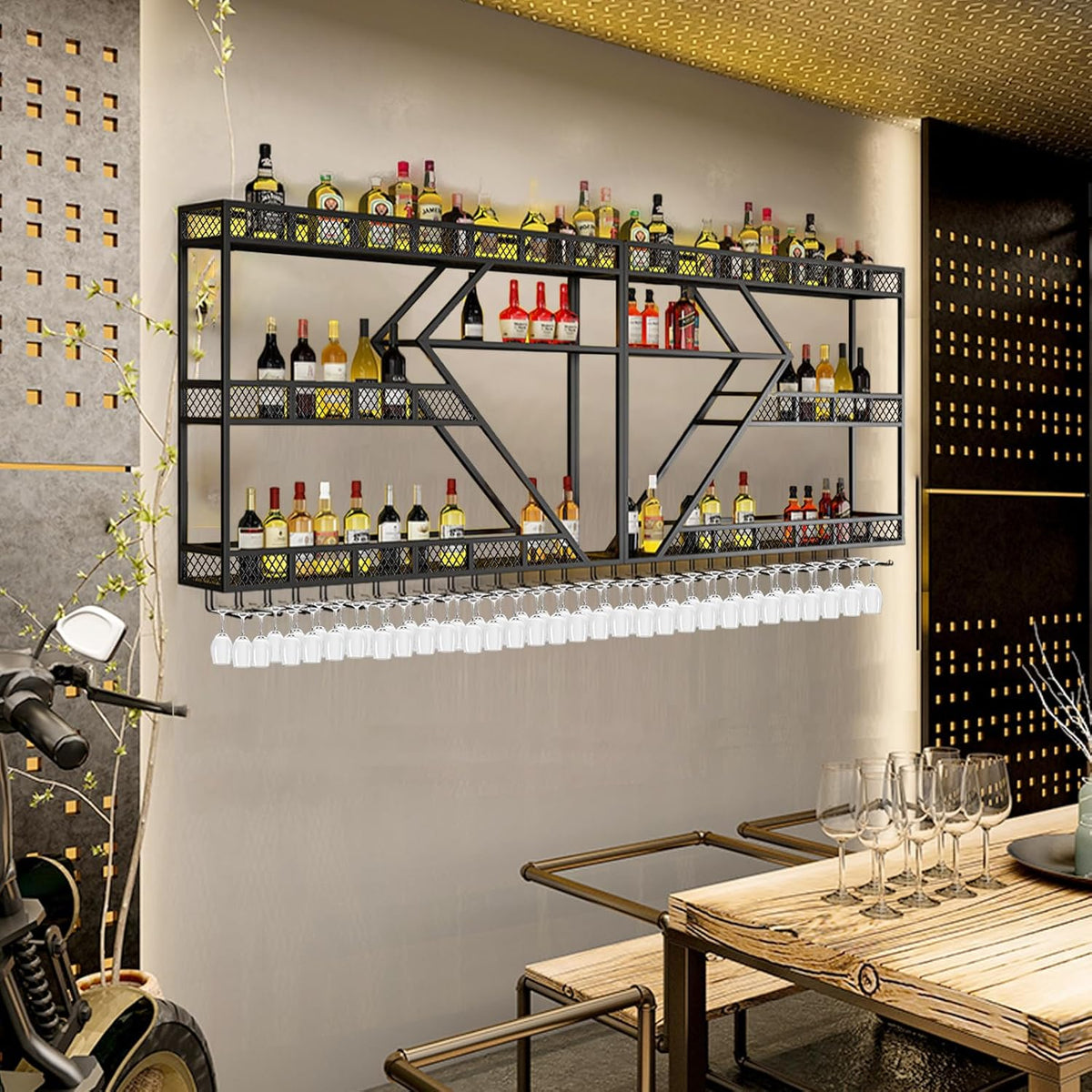 78.7in Metal Wine Rack Wall Mounted, Modern Wine Storage Rack Wall Mounted with Wine Glass Holder, Liquor Shelf, Bar Shelves for Liquor Bottles (3TIERS Black, 78.7 * 7.87 * 33.85INCH)