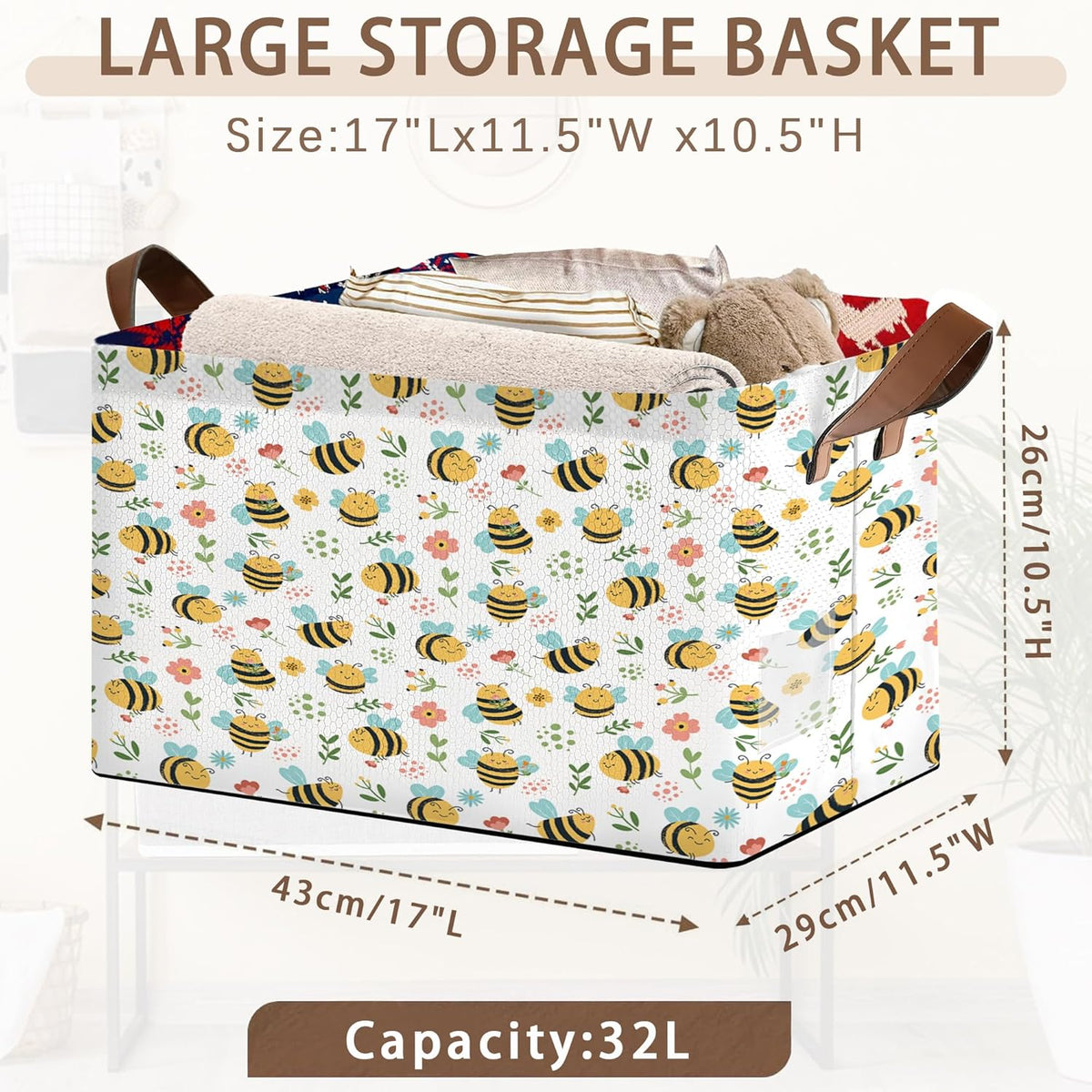 Honeybee Floral Storage Basket Large 17x11.5x10.5 Inche-Collapsible Fabric Organizer Bin with Handles for Garden Decor, Nursery, Spring Theme-Decorative Hamper with Botanical Insect-Single Pack