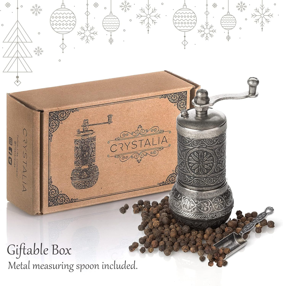 Decorative Black Pepper Grinder, Refillable Turkish Spice Mill with Adjustable Coarseness, Manual Pepper Mill with Handle, Spice Grinder Metal with Hand Crank, Dark Silver