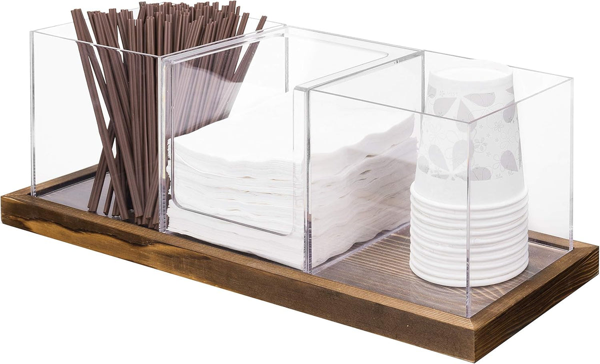 MyGift Modern Modular Coffee and Tea Station Organizer with 3 Removable Premium Clear Acrylic Compartments and Rustic Burnt Solid Wood Decorative Tray, 4 Piece Set