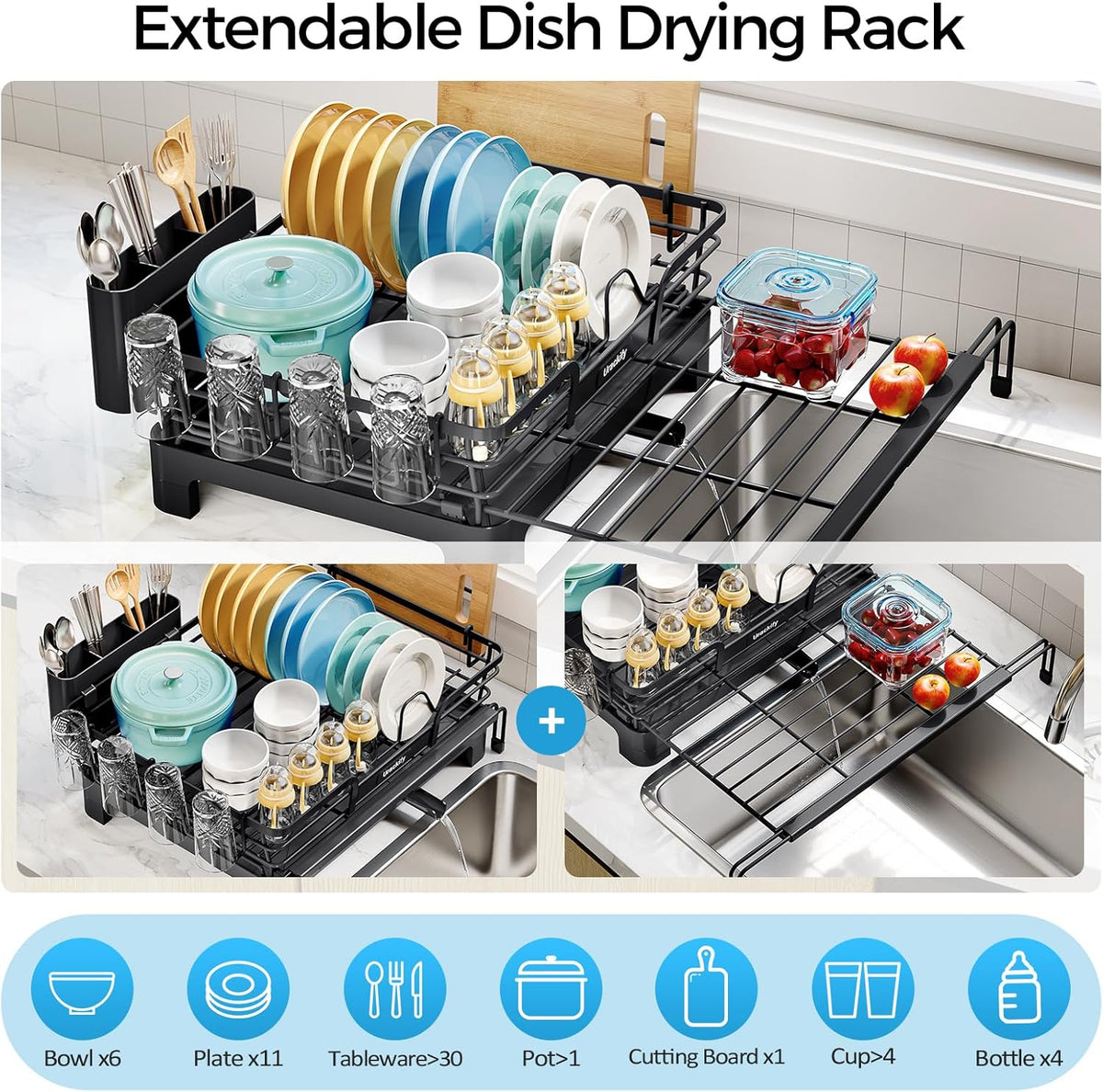 Extendable Dish Drying Rack, 2 in 1 Multifunction Dish Rack for Kitchen Counter, Expandable Dish Drainer Over Sink, Large Plate Strainer with Drainboard & Cups Holder