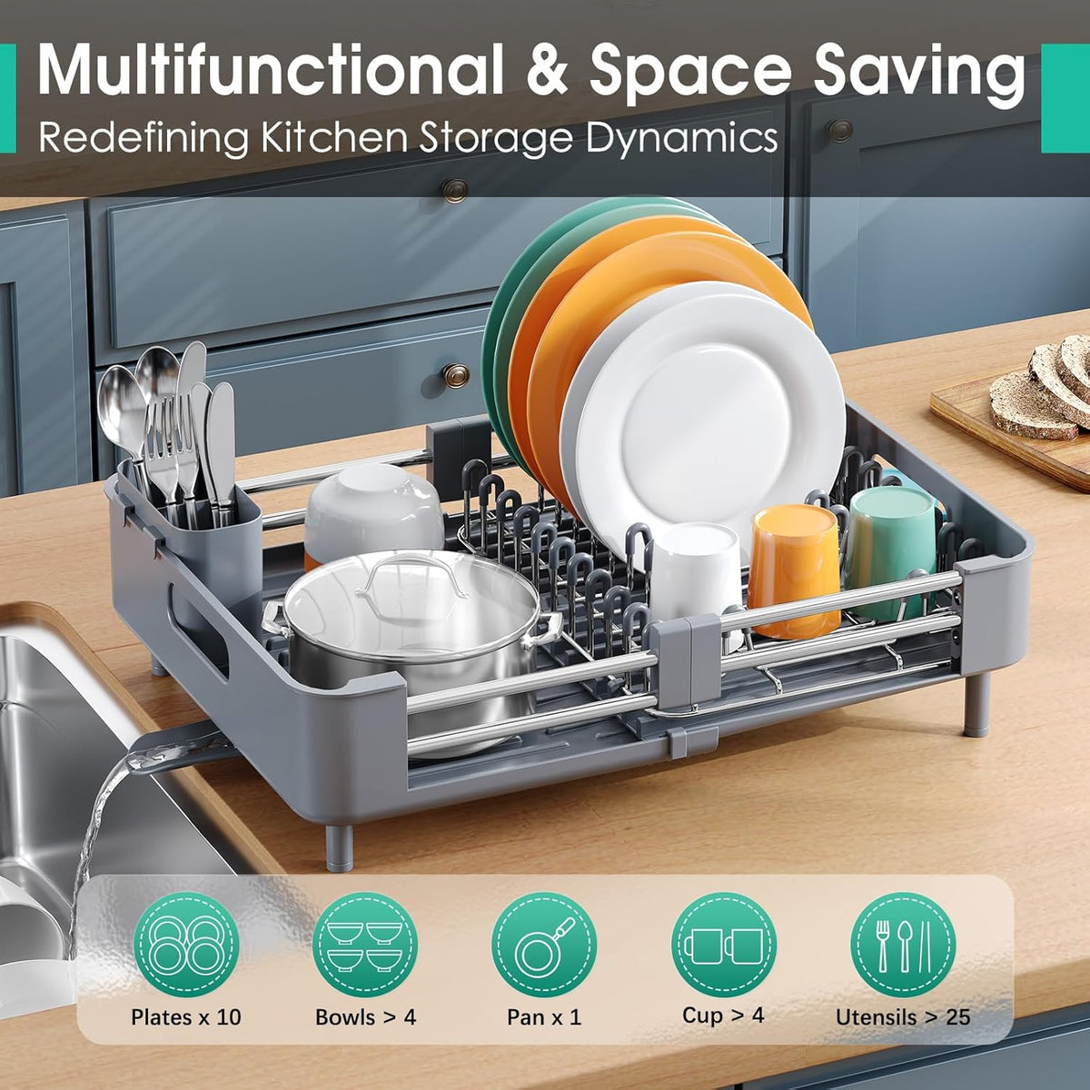 Dish Drying Rack for Kitchen Counter, Extendable Dish Rack with Drainboard, Expandable Dish Drainer, Collapsible Dish Strainer with Cutlery Holder, Foldable Home Countertop Plate Storage Rack, Gray