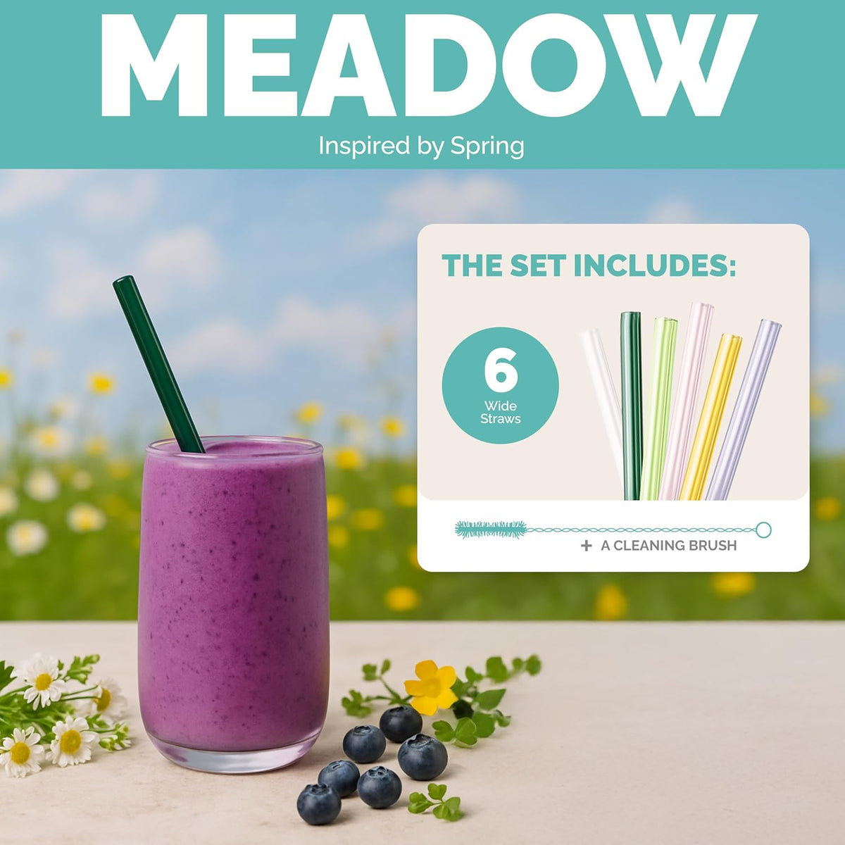 Simply Straws Wide Glass Straws (6-Pack) - 10in x 12mm Reusable Glass Smoothie Straws for Milkshakes, Juices & Slushies, with Cleaning Brush - Dishwasher Safe, Hot & Cold Use, BPA-Free (Meadow)