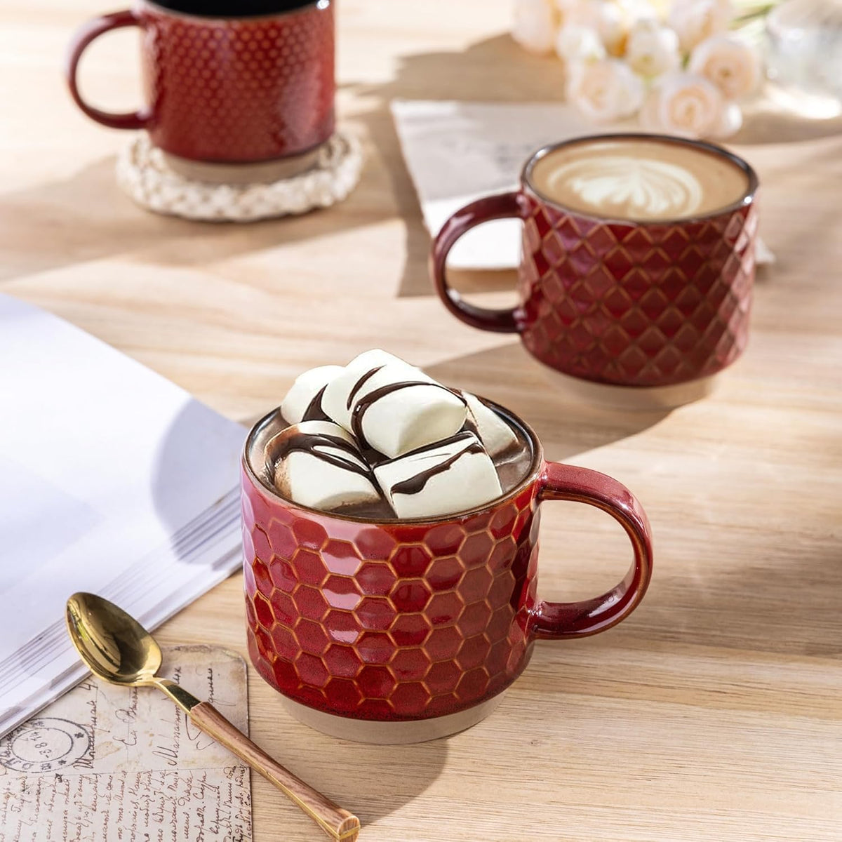 GBHOME 12 OZ Stackable Coffee Mugs, Ceramic Coffee Cups with Texture Patterns for Man,Woman,Dad,Mom, Modern Coffee Mugs Set of 4 for Latte/Cappuccino/Cocoa. Dishwasher&Microwave Safe, Red