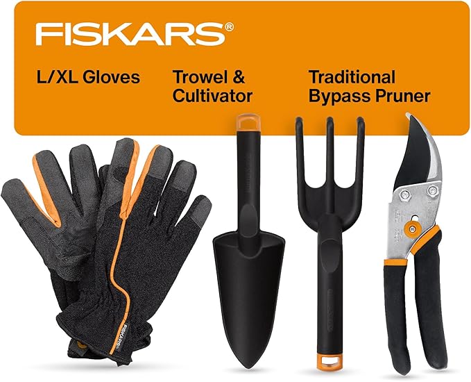 Fiskars House Plant Starter Tool Set with Set with Bypass Pruner, Trowel, Cultivator, and L/XL Garden Gloves for Indoor Gardening (4 Piece Kit)