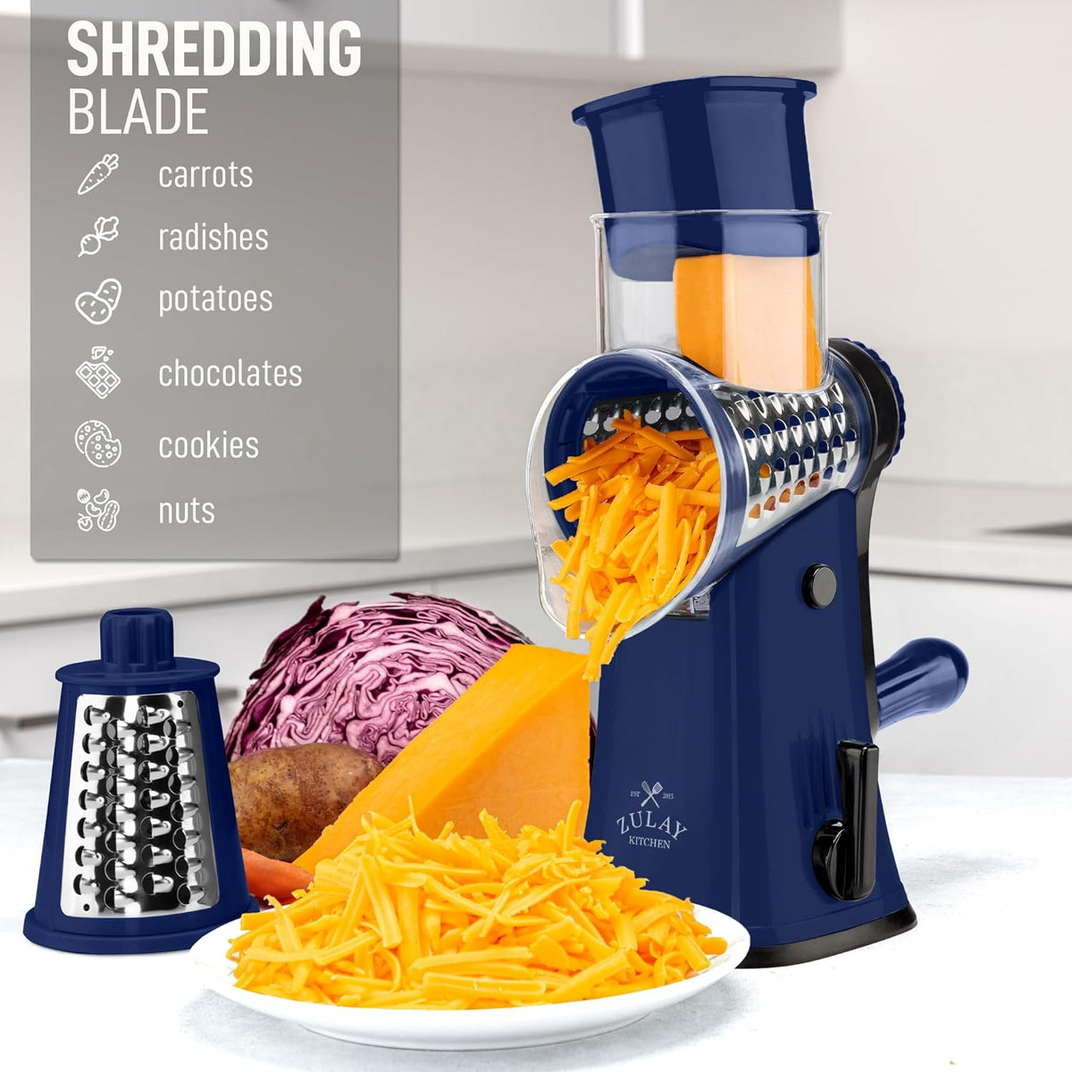 Zulay Kitchen Rotary Cheese Grater 5 Blade Cheese Shredder - Manual Hand Crank Cheese Grater With Reinforced Suction & 5 Interchangeable Drums - Easy to Use, Vegetable Chopper Round Mandoline Slicer