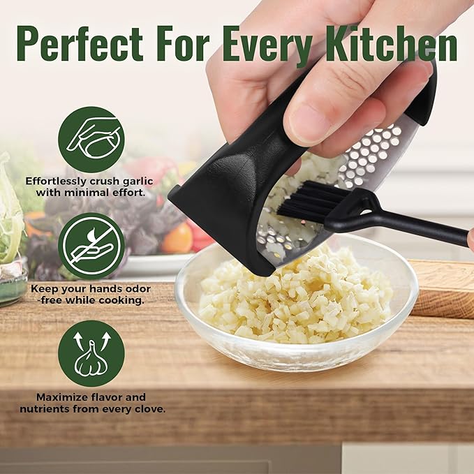 Garlic Press Rocker, Stainless Steel Garlic Mincer and Garlic Crusher, Easy-Squeeze Garlic Tool with Peeler and Cleaning Brush for Smashing Garlic