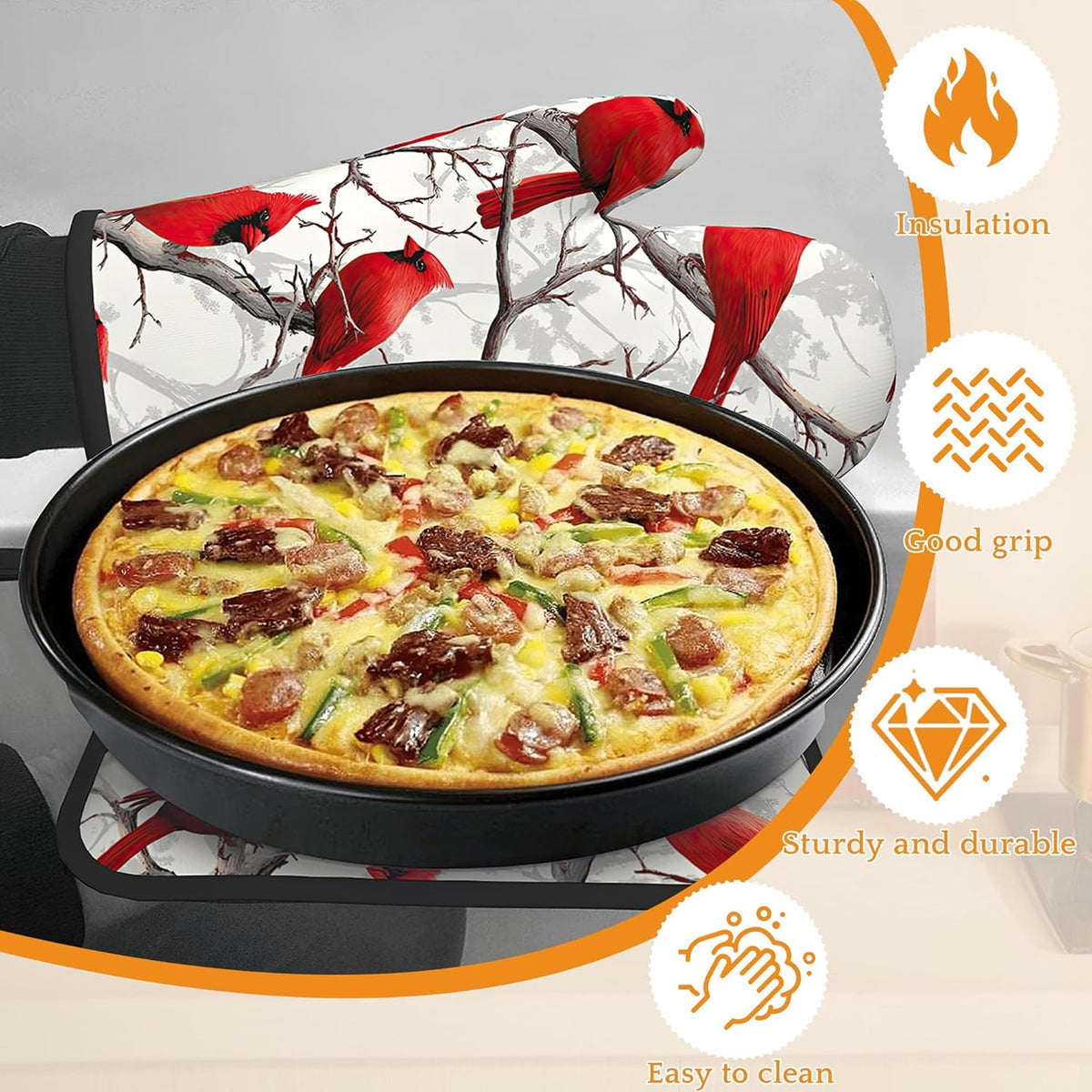 Red Cardinal Oven Mitts and Pot Holders Set,Christmas Winter Kitchen Oven Gloves and Pot Holder with Heat Resistant Non Slip for Cooking Baking Grilling(4 Piece Set)