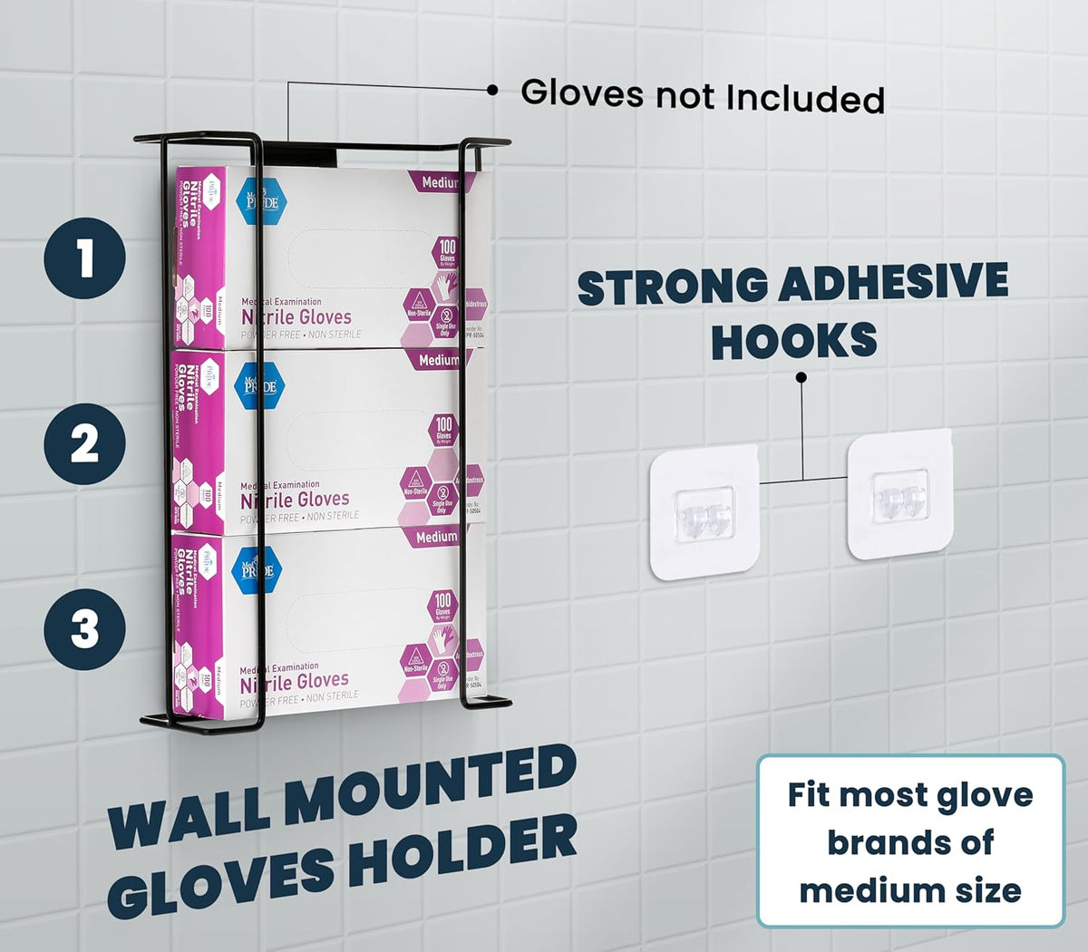 Alpine Glove Holder for Wall Mount - Latex Glove Holder Wire Glove Dispenser for Wall Disposable Glove Box & Tissue Box - Fits 3 Boxes (Black)