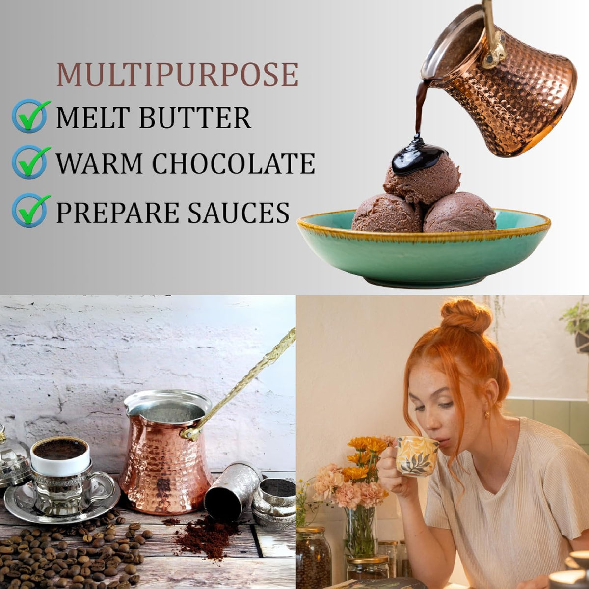 Hakan Turkish Coffee Pot | Stove Top Water Boiler, Coffee Maker, Butter, Chocolate & Milk Warmer | Even and Quick Heat with Handcrafted Copper Material | Coffee Gifts Idea, 13.2 Oz (390 cc)