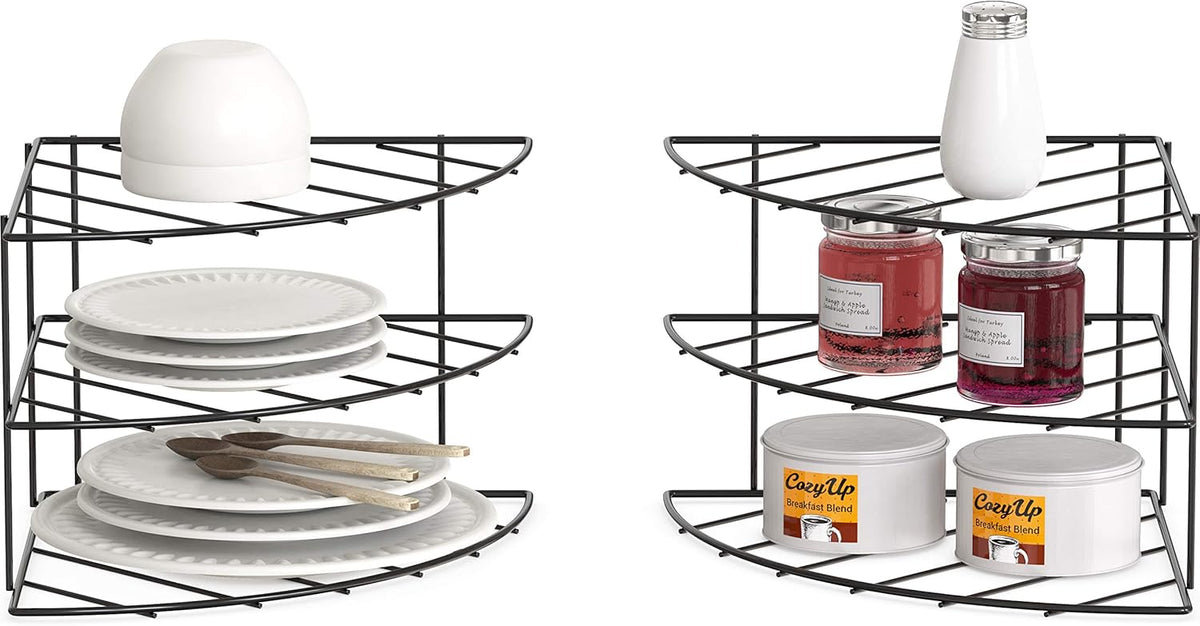 Deco Brothers 3-Tier Counter and Cabinet Corner Shelf Organizer, 2 Pack, Black
