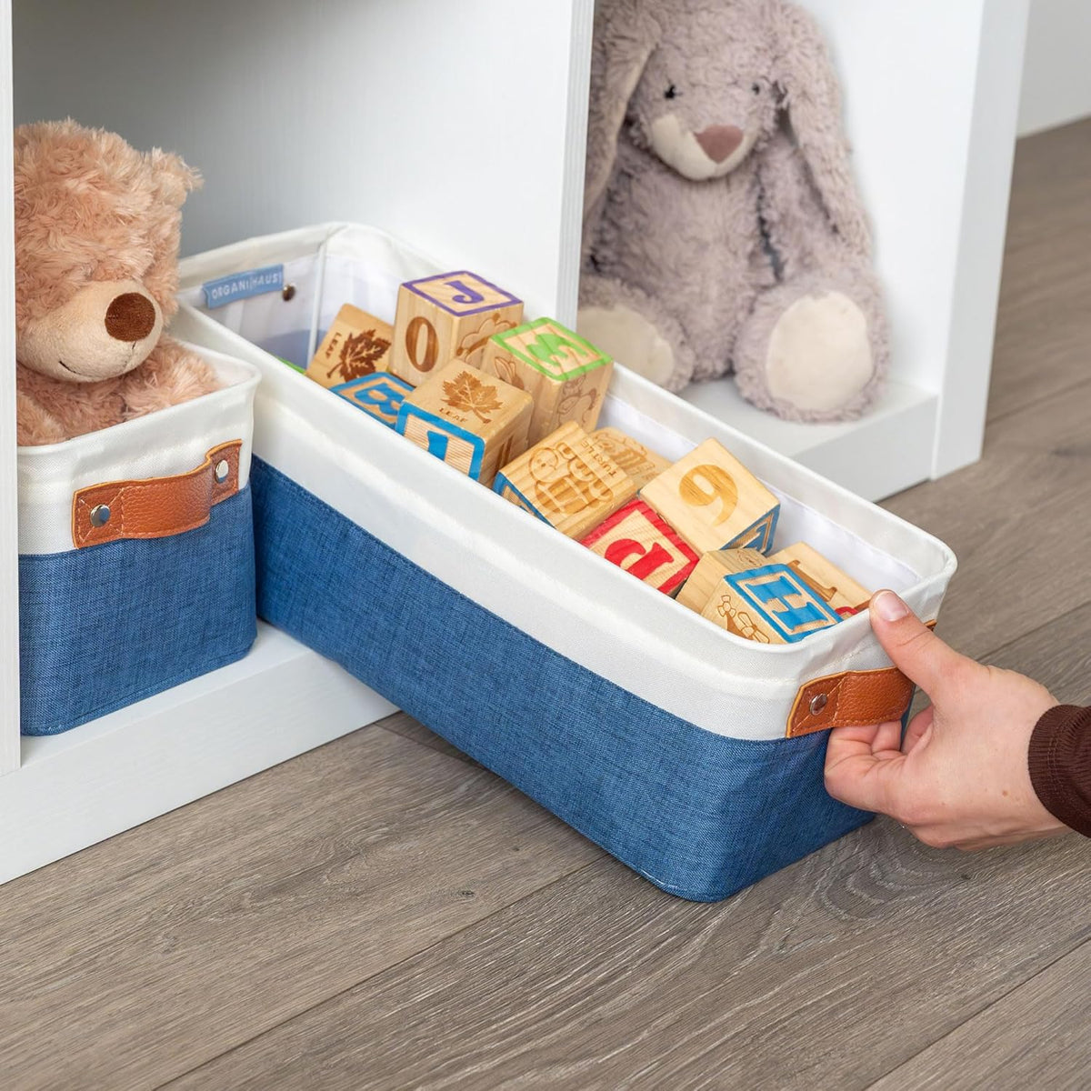 OrganiHaus Narrow Storage Bins 15x06in, Small Closet Bins for Shelves, Bathroom Storage Baskets for Shelves, Narrow Baskets, Fabric Organizer with Handles, Toilet Paper Organizer - 2 Pack, Navy Blue