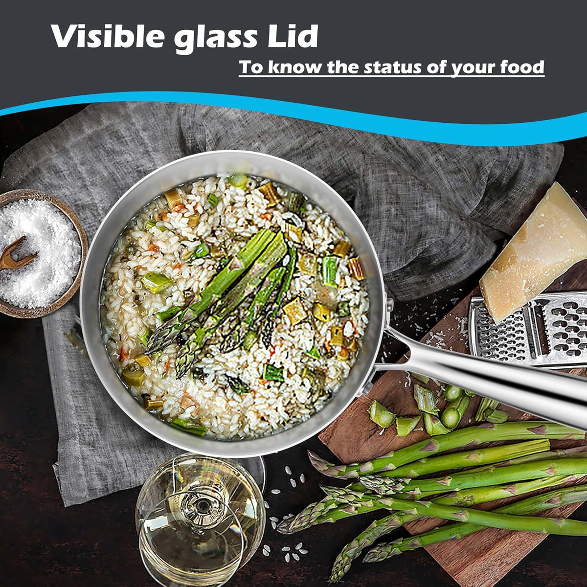 E-far 3-Quart Saucepan, Tri-Ply Stainless Steel Sauce Pan with Glass Lid, Small Cooking Induction Pot Compatible with All Cooktops, Non Toxic, Oven & Dishwasher Safe