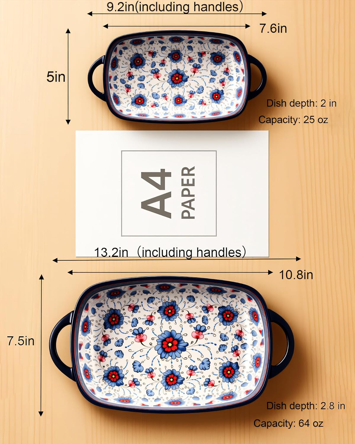Polish Pottery Style Ceramic Baking Dish Set of 2 – Decorative Casserole Dishes with Handles, Cute Oven-Safe Lasagna Bakeware Gift Set