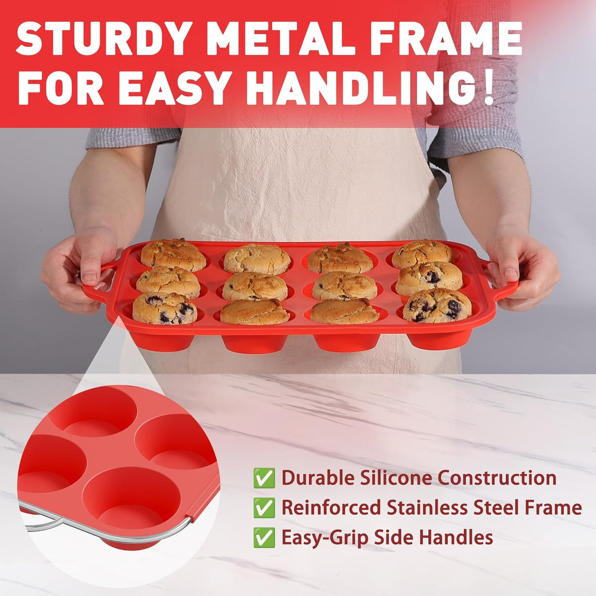 Silicone Muffin Pan for Baking with Metal Reinforced Frame, 12 Cup Regular Size Cupcake Pan Flame Red