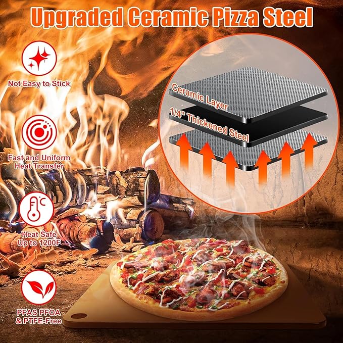 Hisencn 13" Ceramic Pizza Steel for Home Ovens - 20X Faster Heating, Crispy Crust Kit with Aluminum Peel & Tools