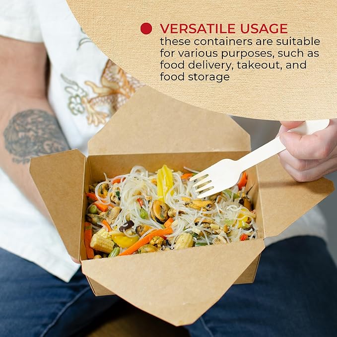Chinese Takeout Storage Containers (60 Pack) 45oz - Kraft Brown Cardboard Paper Togo - Take Out Boxes -Biodegradable Eco To Go Food For Restaurants Catering Party