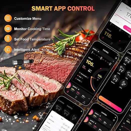 Meat Thermometer Wireless with 2 Probes, 800FT Bluetooth Digital Thermometer with Smart APP, Temp Precise Improved by 100%, Instant Read Food Thermometer with Alerts for Oven Smoker BBQ Grill