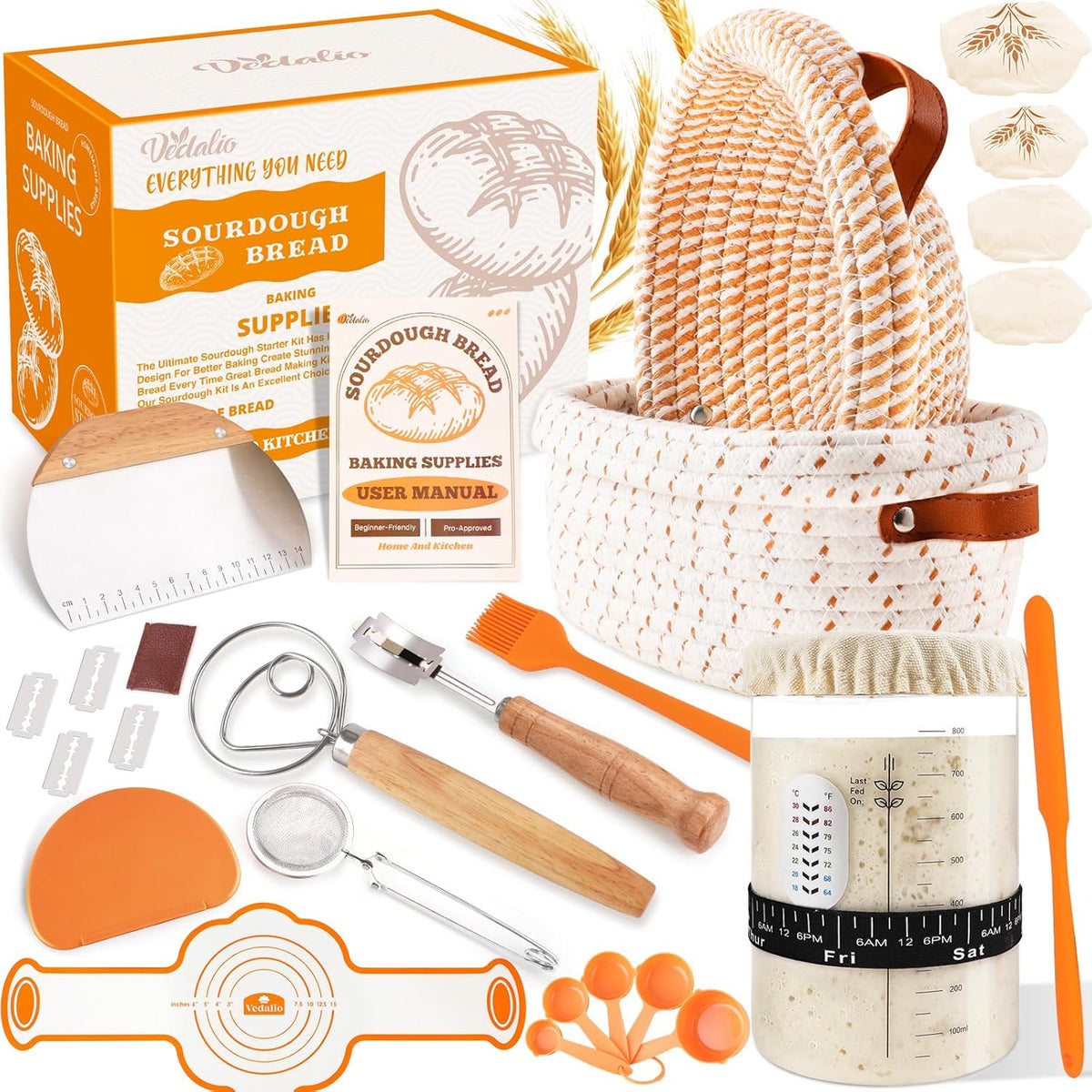 Sourdough Starter Kit, Sourdough Bread Baking Supplies, Sour Dough Starter Kits, Woven Bread Proofing Basket, Sourdough Kit Jar Sour Dough Bread Making Tools Kit Accessories, Gifts for Women Mom Wife
