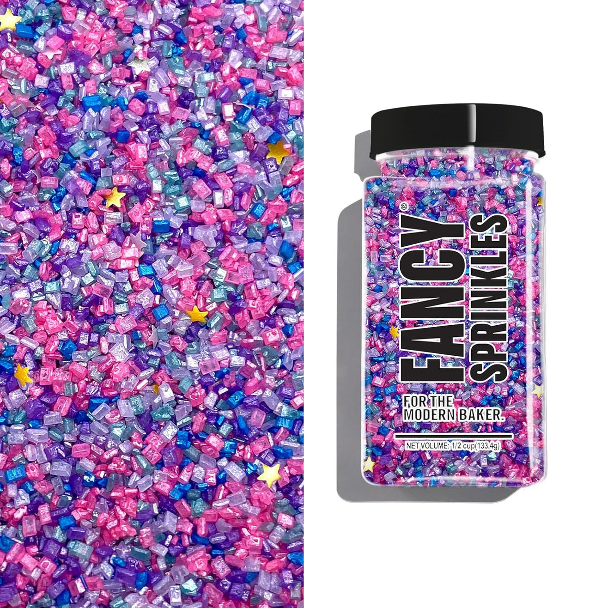 Fancy Sprinkles Chromatica Fancy Sugar Pearlescent Hot Pink, Blue, Purple, White, and Teal Sugar Crystals Flecked with Silver and Gold Mini Edible Glitter Stars (4 OZ)