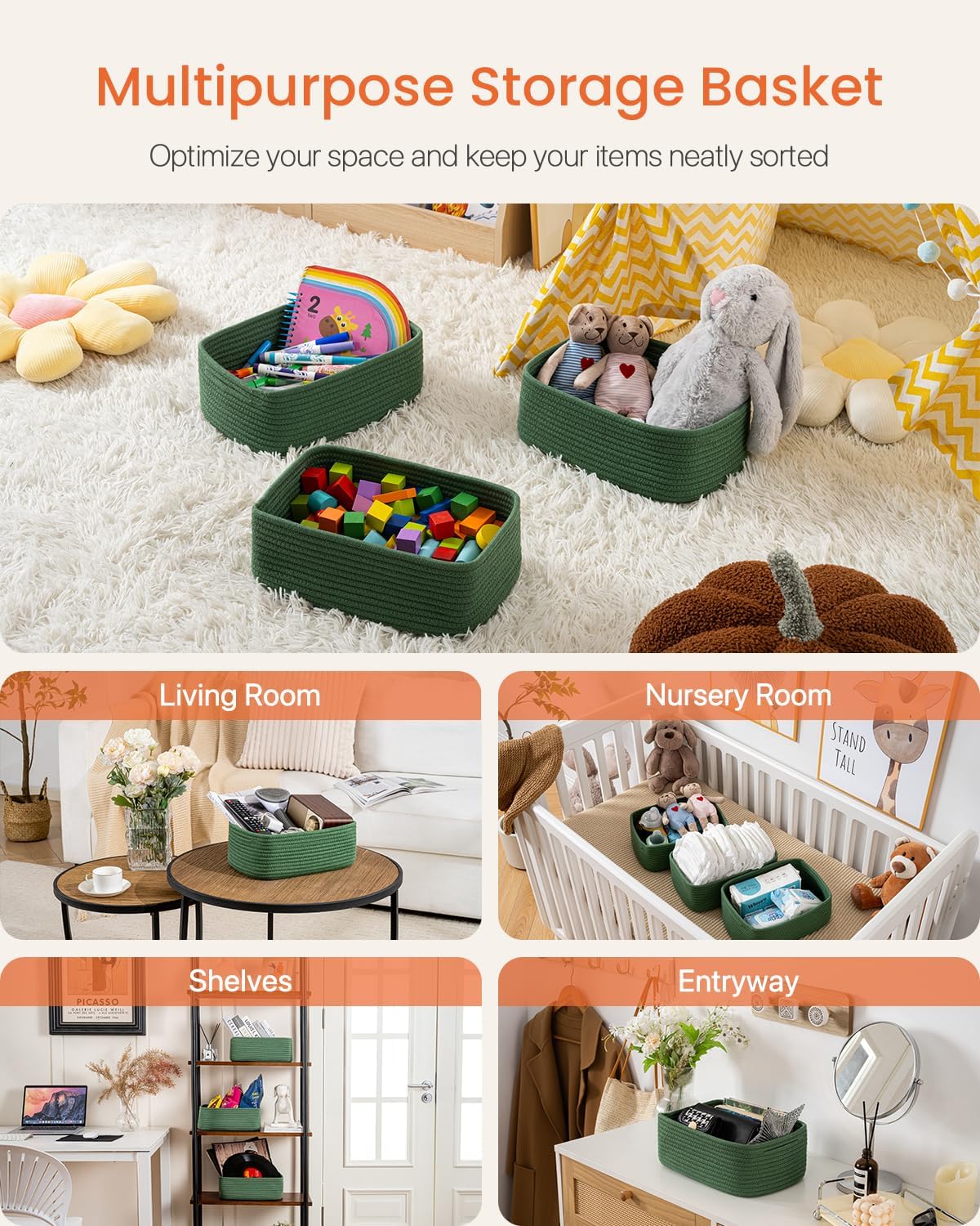 Small Woven Basket, 12 x 8 x 4.5 Inches, Storage Basket for Organizing, Cute Small Rope Shelf Closet Cube Storage Bins Baskets for Shelves, Dog Toy Gift Baskets Empty, 3 Packs, Green
