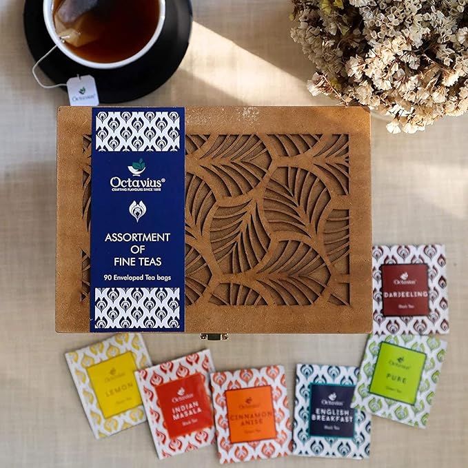 Octavius Tea Gift Set - Assorted Black & Green Tea Bags in Wooden Box | 6 Flavors, 90 Count | Premium Tea Sampler for Women & Men | Wellness Gift, Holiday, Birthday, Office, Corporate Gifting