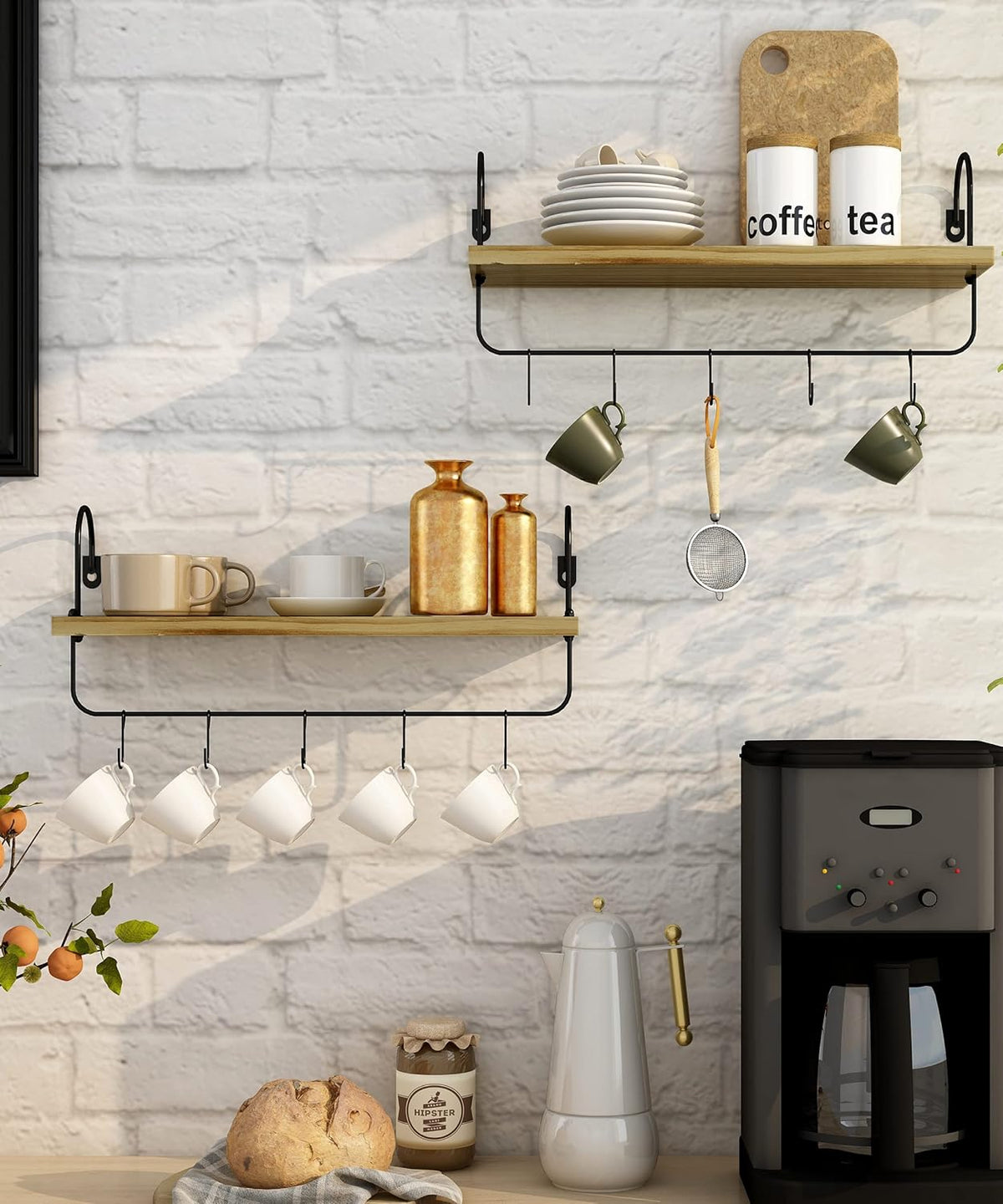 Floating Shelves with Hooks, Wall Mount Mug Holder Coffee Bar Accessories Wood Kitchen Organizer Storage with Towel Rack for Bathroom Set of 2